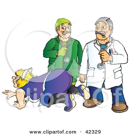 Clipart Illustration of a Sleazy Veterinarian And Doctor Watching A Maid Bend Over by Snowy
