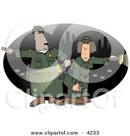 Male and Female Mexican Border Patrol Police Officers Looking For Illegal Immigrants Crossing the US Border at Night Clipart by djart