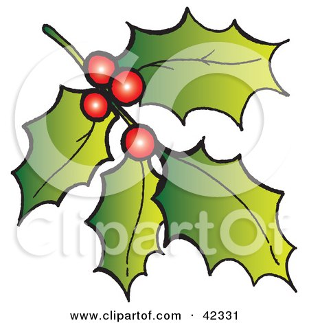 Clipart Illustration of a Stem of Christmas Holly And Red Berries by Snowy