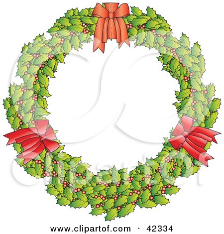 Clipart Illustration of a Holly Christmas Wreath With Three Red Bows by Snowy