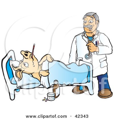 Clipart Illustration of a Friendly Veterinarian Checking In On A Sick Pig by Snowy