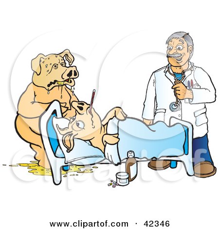 Clipart Illustration of a Doctor Watching A Pig Puke By Another Sick Pig by Snowy