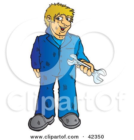 Clipart Illustration of a Dirty Blond Male Mechanic Holding A Wrench by Snowy