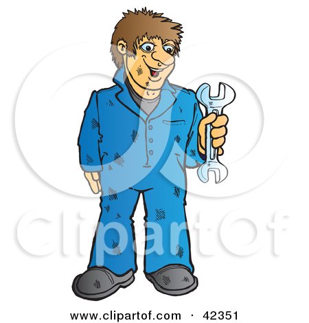 Clipart Illustration of a Dirty Brunette Male Mechanic Holding A Wrench by Snowy