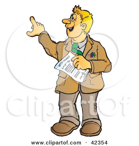 Clipart Illustration of a Friendly Blond Male Teacher Carrying Papers And Pointing by Snowy
