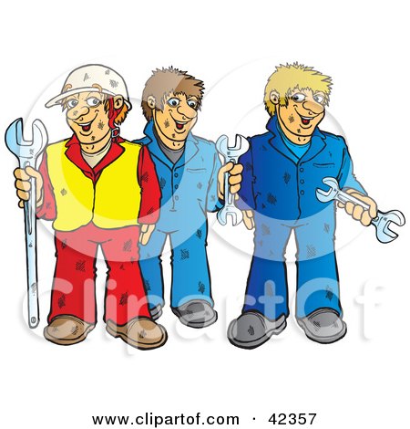 Clipart Illustration of a Construction Worker And Two Mechanics With Wrenches by Snowy