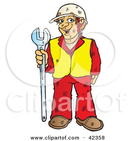 Clipart Illustration of a Dirty And Friendly Construction Worker Holding A Big Wrench by Snowy