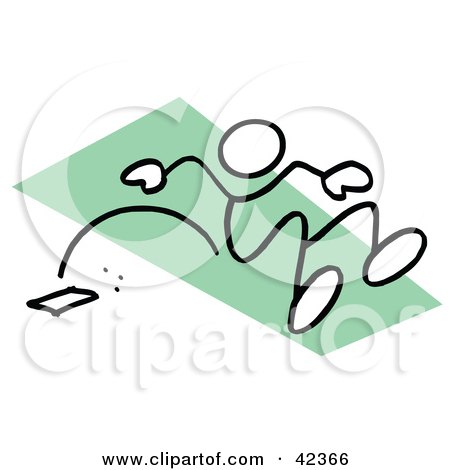 Clipart Illustration of a Stick Figure Long Jumping On A Green Runway by Johnny Sajem