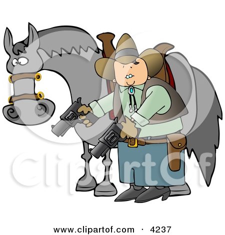 Cowboy Standing Beside His Horse and Pointing Guns Towards the Ground Clipart by djart