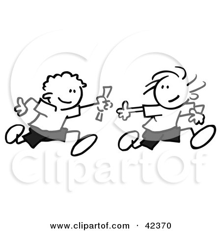 Clipart Illustration of Black And White Stick Boys Running A Relay Race And Passing A Baton by Johnny Sajem