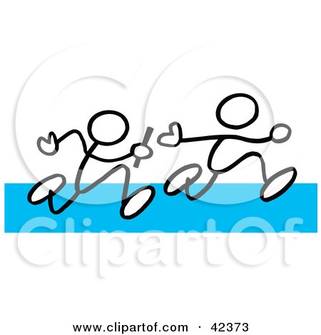 Clipart Illustration of Two Stick Figures Passing A Baton During A Relay On A Blue Track by Johnny Sajem