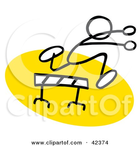 Clipart Illustration of a Stick Figure Running And Leaping Over A Hurdle On A Yellow Track by Johnny Sajem