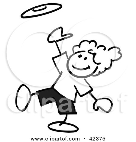 Clipart Illustration of a Black And White Stick Boy Catching A Frisbee by Johnny Sajem
