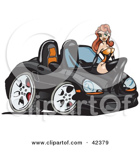 Clipart Illustration of a Sexy Red Haired Pinup Girl Sitting On The Hood Of A Black PorscheConvertible by Dennis Holmes Designs