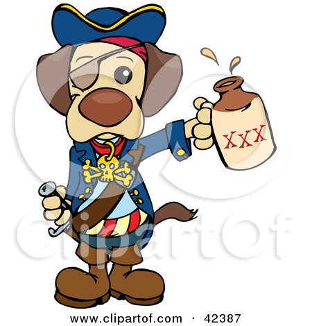 Clipart Illustration of a Cute Pirate Dog Wearing An Eye Patch And Holding Out A Bottle by Dennis Holmes Designs