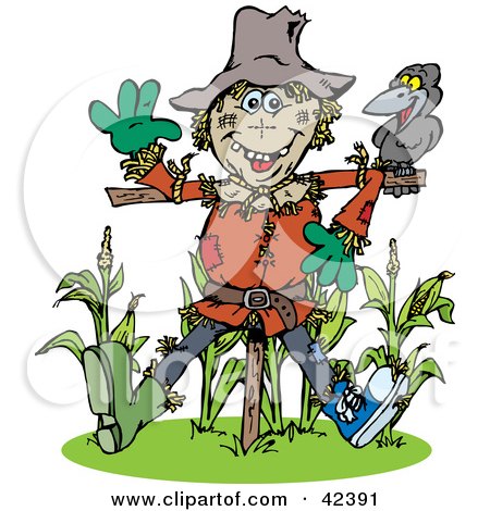 Clipart Illustration of a Friendly Scarecrow Talking To A Crow At The Edge Of A Corn Crop by Dennis Holmes Designs