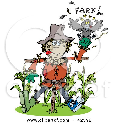 Clipart Illustration of a Scarecrow Punching A Crow At The Edge Of A Corn Crop by Dennis Holmes Designs