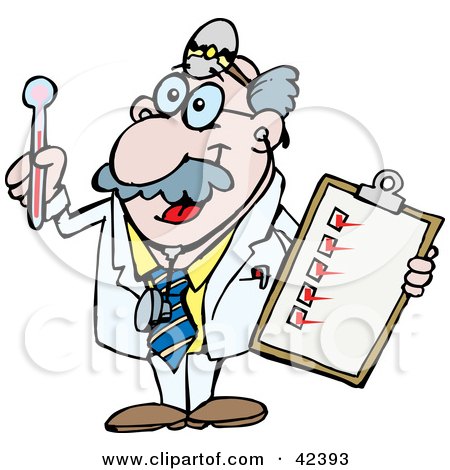 Clipart Illustration of a Happy Senior Medical Doctor Holding A Thermometer And Check List by Dennis Holmes Designs