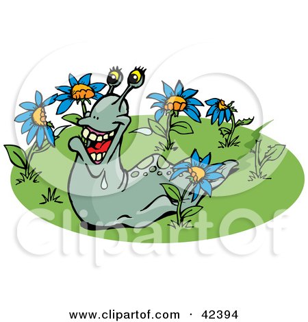 Clipart Illustration of a Happy Slug Eating Blue Flowers by Dennis Holmes Designs