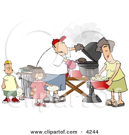 Dad, Mom, Son, and Daughter Grilling Barbecue Hamburgers Posters, Art Prints