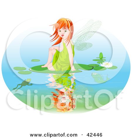 Clipart Illustration of a Red Haired Fairy Girl Sitting On A Lily Pad On A Pond by Pushkin