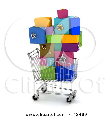 Clipart Illustration of a Shopping Cart Carrying A Stack Of Colorful Gifts by stockillustrations