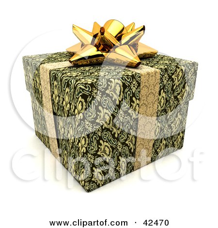 Clipart Illustration of a Gold Ribbon And Bow Around A Green Gift by stockillustrations
