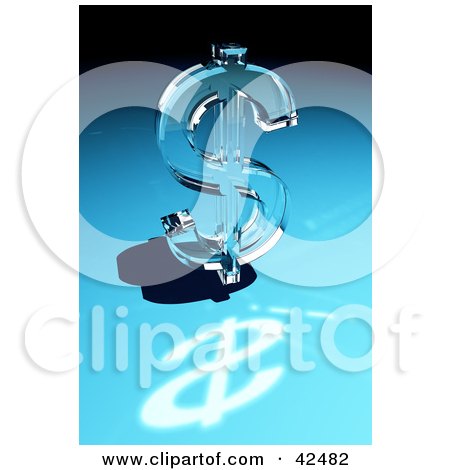Clipart Illustration of a Shiny Glass Dollar Sign Reflecting Light On A Blue Surface by stockillustrations