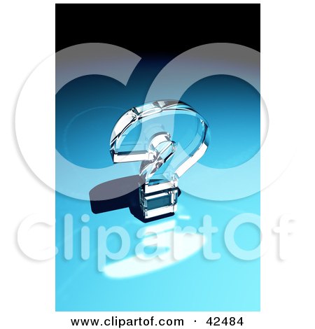 Clipart Illustration of a Shiny Glass Question Mark Reflecting Light On A Blue Surface by stockillustrations