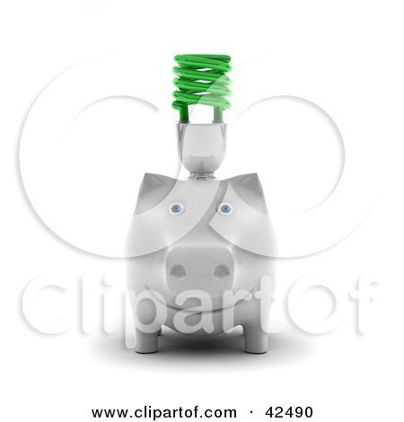 Clipart Illustration of a White Piggy Bank With A Green Spiral Bulb On Its Back by stockillustrations