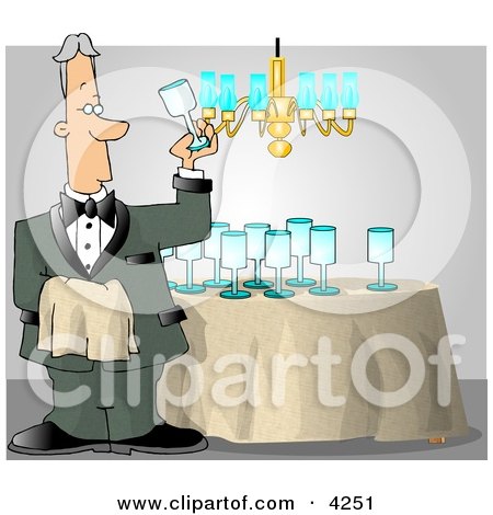 Male Butler Cleaning and Polishing Wine Glasses Clipart by djart