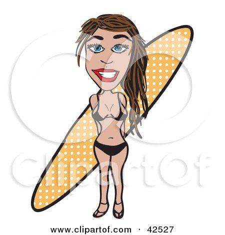 Clipart Illustration of a Pretty Surfer Woman In A Bikini, Standing In Front Of Her Surfboard by Arena Creative