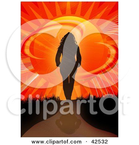 Clipart Illustration of a Silhouetted Woman Walking Away Towards A Bursting Sunset Of Binary Code by Arena Creative