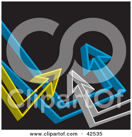 Clipart Illustration of a Black Background With Gray, Blue And Yellow 3d Arrows Pointing Upwards Towards Blank Space by Arena Creative
