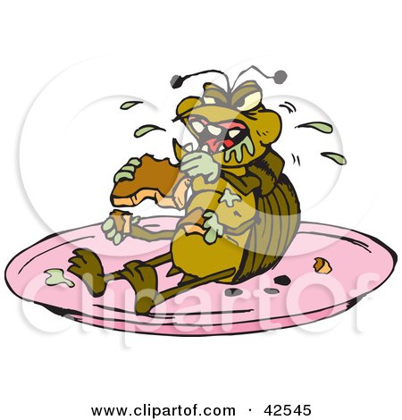Clipart Illustration of a Disgusting Cockroach Munching On Food On A Plate by Dennis Holmes Designs