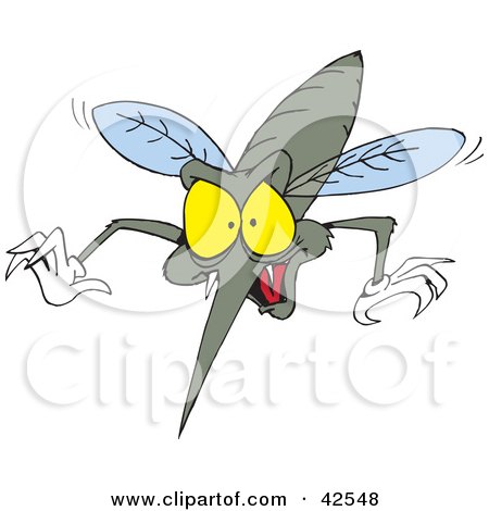 Clipart Illustration of a Blood Thirsty Mosquito Diving Forward And Baring Fangs by Dennis Holmes Designs