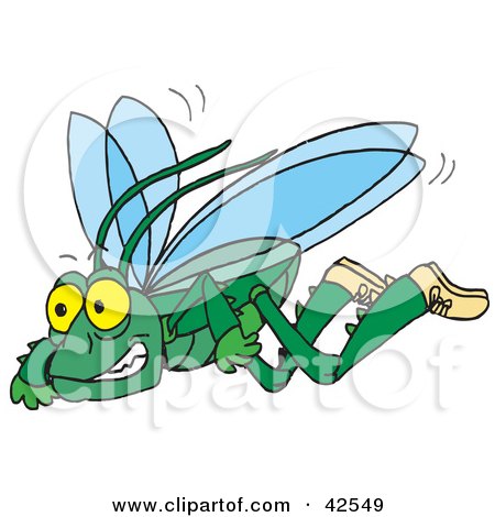 Clipart Illustration of a Green Flying Grasshopper Wearing Shoes by Dennis Holmes Designs