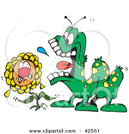 Clipart Illustration of a Scared Flower Cowing Under A Hungry Caterpillar by Dennis Holmes Designs
