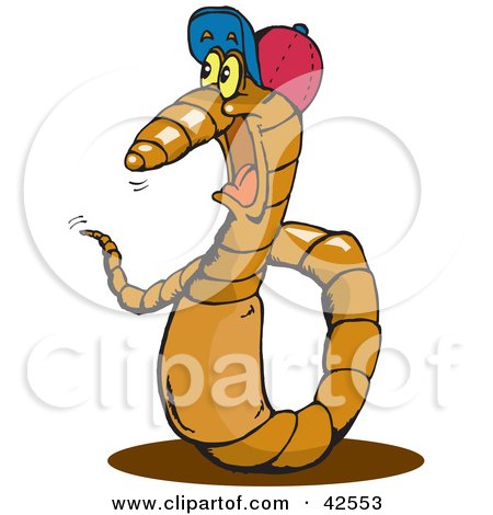 Clipart Illustration of a Happy Earth Worm Wearing A Baseball Cap by Dennis Holmes Designs