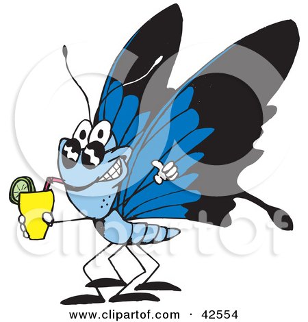 Clipart Illustration of a Thirsty Blue Butterfly Wearing Shades And Drinking A Cocktail by Dennis Holmes Designs