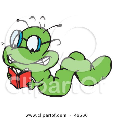 Clipart Illustration of a Smart Green Worm Crawling And Reading A Book by Dennis Holmes Designs