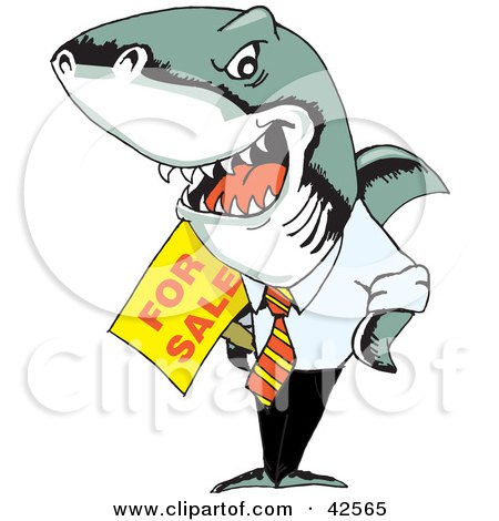 Clipart Illustration of an Evil Business Shark Holding A For Sale Sign by Dennis Holmes Designs