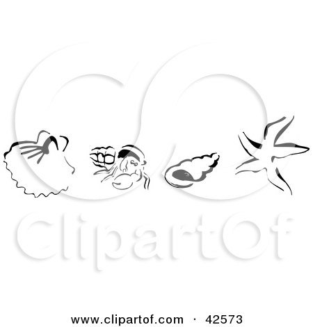 Clipart Illustration of a Row Of Black Sketched Shells, Starfish And Hermit Crabs by Dennis Holmes Designs