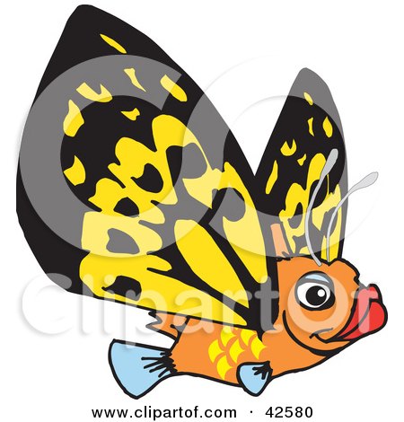 Clipart Illustration of a Flying Orange Fish With Yellow Butterfly Wings by Dennis Holmes Designs