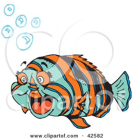 Clipart Illustration of a Happy Chubby Blue And Orange Fish With Bubbles by Dennis Holmes Designs