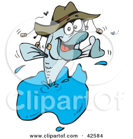 Clipart Illustration of a Happy Fish Jumping Out Of Water And Wearing A Hat by Dennis Holmes Designs