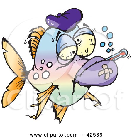 Clipart Illustration of a Fever And Flu Ridden Sick Fish With A Thermometer And Ice Pack by Dennis Holmes Designs