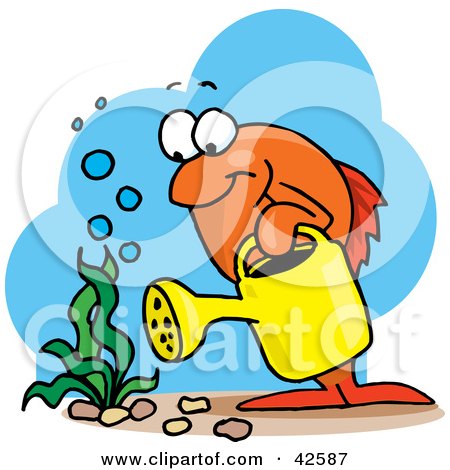 Clipart Illustration of an Orange Marine Fish Watering An Aquatic Plant by Dennis Holmes Designs