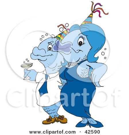 Clipart Illustration of a Blue Fish Couple Wearing Party Hats by Dennis Holmes Designs