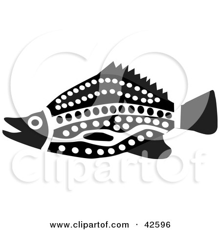 Clipart Illustration of a Black And White Aztec Fish by Dennis Holmes Designs